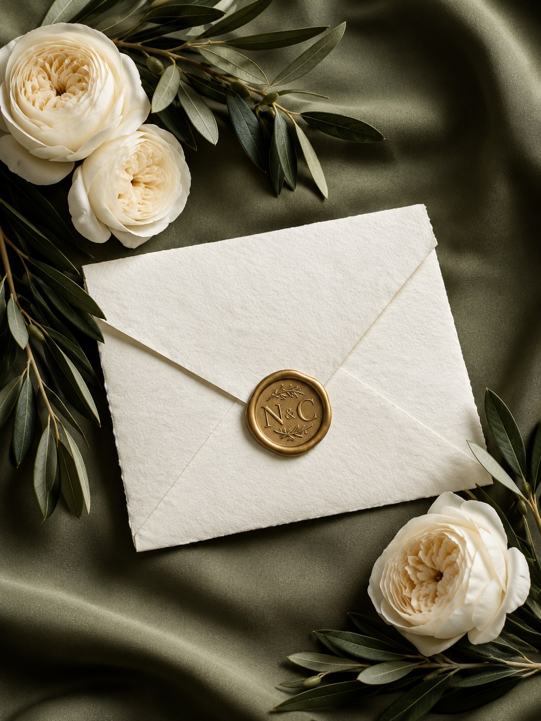 Sobre de papel marfil con sello dorado N & C, rosas blancas y ramas de olivo sobre seda verde oliva